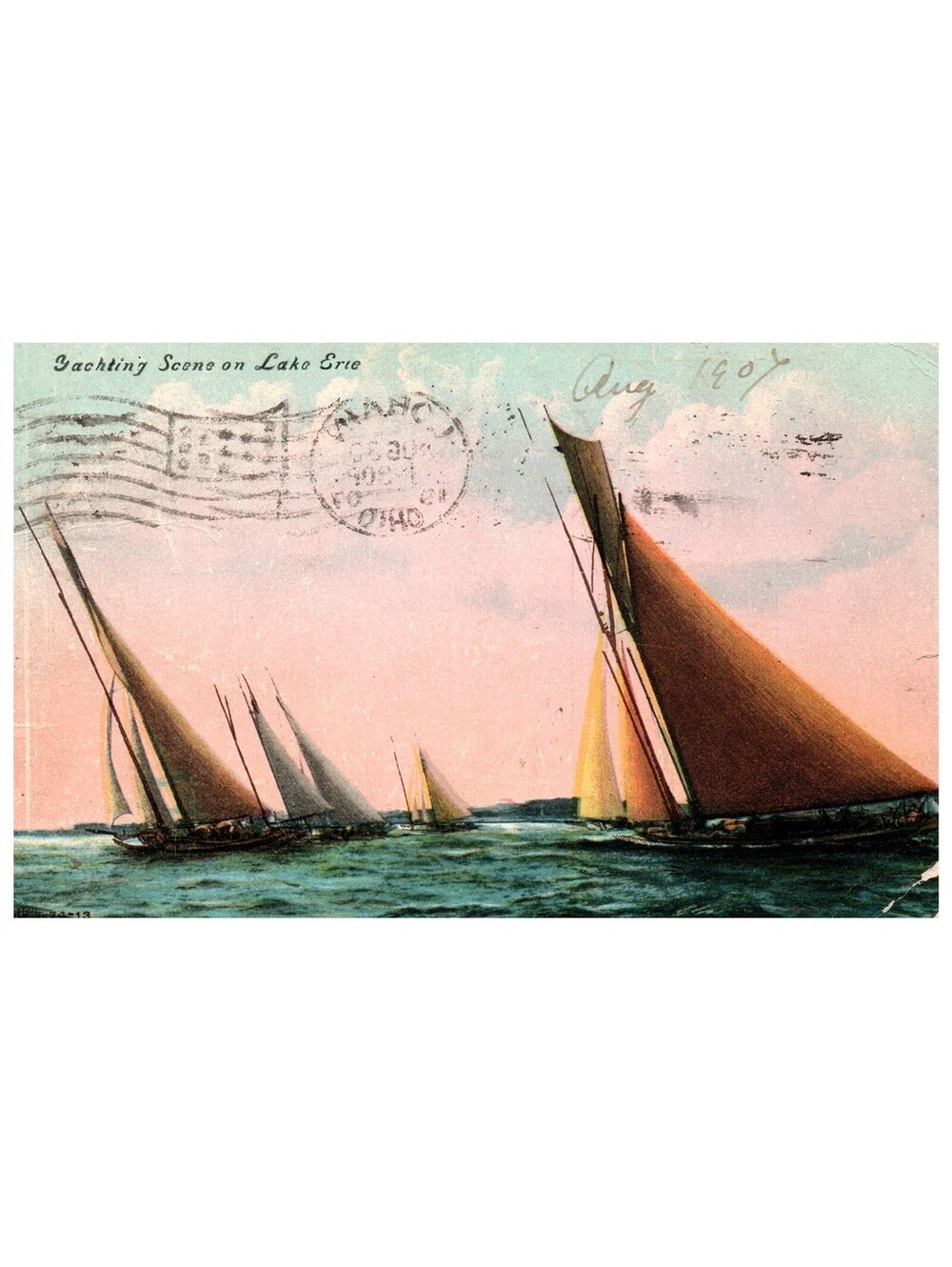 Vintage Postcard 1907 Yachting Scene on Lake Erie Sailing Boats Lorain Ohio